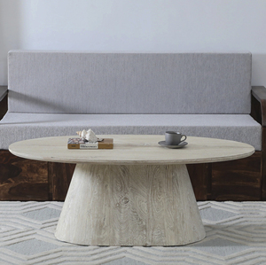 Mesa de Centro Moderna de Madera de Mango Sólida con Acabado Antiguo Desgastado en Blanco Arenado, Forma Ovalada, para Sala de Estar, Oficina, Cafetería - Product Image 1