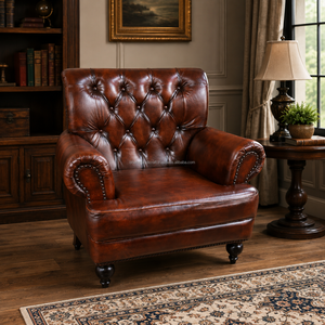 Classic Genuine Leather High <b>Back</b> Armchair with Tufted Wingback Design and Solid Wood Legs Elegant <b>Chair</b> for Living Room Bedroom - Product Image 2