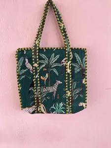 Luxury Green Quilted Cotton <b>Tote</b> <b>Bag</b> with Animal Hand Print Bohemian Style <b>Summer</b> Casual Open Shopping <b>Bag</b> for Women - Product Image 1
