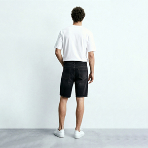 Shorts en jean pour homme, coupe droite, délavé foncé, taille mi-haute, style décontracté d'été, 100% coton tissé - Product Image 4