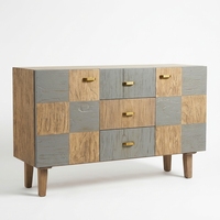 Buffet moderne en bois, motif damier, chêne gris, tiroirs, armoires, poignées en laiton, meubles de salon