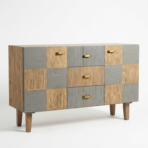 Aparador Moderno de Madera con Patrón de Bloques en Tablero de Ajedrez, Cajones de Roble Gris, Gabinetes con Tiradores de Latón, Muebles para Sala de Estar/Hogar - Product Image 1
