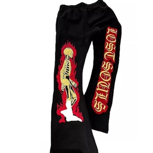Pantalones Góticos Negros para Hombre con Bordado de Esqueleto y Llamas Rojas, Cintura Elástica con Cordón, Estilo Casual - Product Image 1