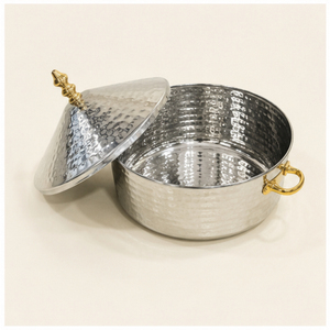 Plat de service en acier inoxydable martelé à double paroi isolé avec poignée dorée pour buffet d'hôtel et traiteur - Product Image 6