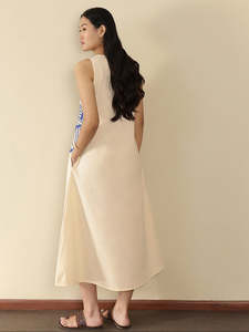 Robe midi bleue à col mandarin avec manches longues, coupe ample, décontractée, pour tous les jours, en tissu tissé 100% coton, respirante, couleur unie, Poc - Product Image 1
