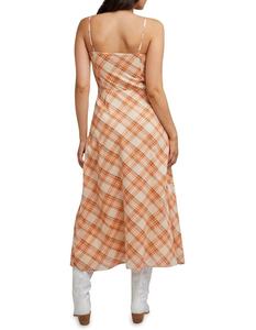 Vestidos de Moda Otoñal para Mujer, 100% Algodón, Estampado a Cuadros, Lazo Delantero y Abertura Debajo, Vestido Midi con Estampado de Helechos - Product Image 3