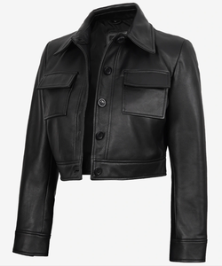 Women's Genuine Leather Trucker <b>Jacket</b> <b>Short</b> Crop Turn-Down Collar Full Sleeve Button Closure Solid Black - Product Image 3