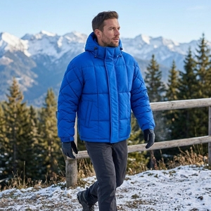 <b>Mens</b> Reversible Puffer Jacket <b>Navy</b> Cream Two Tone Winter Coat Quilted Insulated High Collar Full Zip Outdoor Jacket - Product Image 3