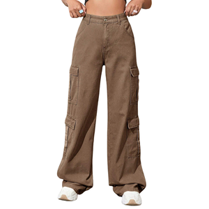 Womens Denim <b>Cargo</b> Pants Wide Leg Cotton Jeans <b>High</b> <b>Waist</b> Loose Fit Multi Pocket Casual Streetwear Full Length Fashion Pants - Product Image 1