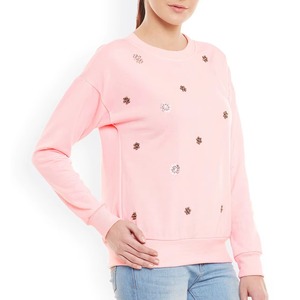 Sudadera Personalizada para Mujer, Color Rosa, Adornada con Perlas, Pedrería y Flores, Cuello Redondo, Sudadera de Algodón para Mujer, Moda OEM al por Mayor - Product Image 2
