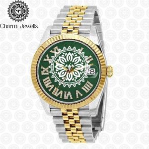 Montre de luxe Charm Jewells en acier inoxydable, lunette or vert, affichage de la date, mouvement mécanique analogique, verre 40 mm, étanche 10 bars - Product Image 4