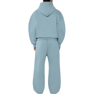 Survêtement à capuche bleu clair pour homme, fermeture éclair intégrale, coupe ample, couleur unie, tenue décontractée, 100 % coton, style automne - Product Image 3
