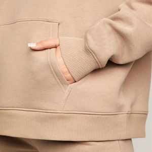 Women Plus Size Beige Cotton Tracksuit Set Hooded <b>Sweatshirt</b> Full Length Pants Side Pockets Casual Autumn Solid Color Loose Fit - Product Image 4