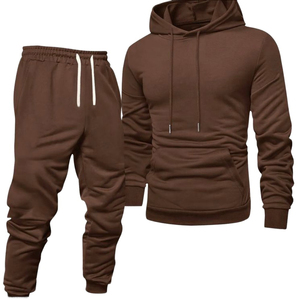 Ensemble de survêtement marron à capuche pour hommes, manches longues, couleur unie, tenue décontractée d'automne avec pantalon à cordon de serrage et poche avant - Product Image 2