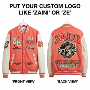 <b>Mens</b> Varsity <b>Jacket</b> 420 GSM Premium Cotton Fleece PU Sleeves Coral <b>White</b> Panel Design Custom Chenille Embroidery Print - Product Image 1