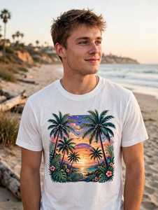 เสื้อยืดคอกลมแขนสั้นผ้าฝ้ายพิมพ์ลายต้นปาล์มสีขาวสำหรับผู้ชายทรงปกติ น้ำหนักเบา ลายกราฟิกทรอปิคอล - Product Image 1
