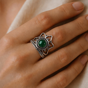 Majestic Lotus Natural Green Onyx <b>Silver</b> Plated Bohemian Style Statement <b>Ring</b> for Women - Product Image 3