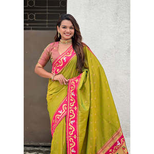 Sari de Seda Paithani Rajhans con Bordado Zari Verde Mehendi, Vestidos Elegantes de Noche - Product Image 5