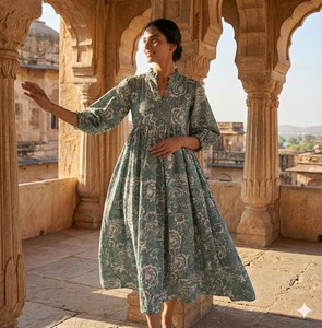 Ethnic Boho Grey Floral Hand Print Cotton Midi <b>Dress</b> With V-Neck 3/4 Puff Sleeve <b>Loose</b> Fit Casual <b>Dress</b> For Women - Product Image 4