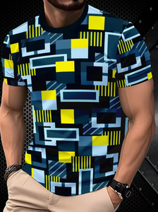 T-shirt à manches courtes pour homme, motif géométrique, col rond, coupe ajustée, respirant, vêtement décontracté, impression numérique, 100% polyester tissé - Product Image 2