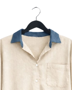 Conjunto de dos piezas para mujer, camisa beige y pantalones anchos azules, conjunto informal de algodón y lino para verano, fabricante de ropa OEM personalizada - Product Image 6