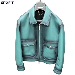 SPOFIT Veste en cuir véritable pour homme, dégradé vert menthe, fermeture éclair, col rabattable, manteau de moto décontracté - Product Image 1