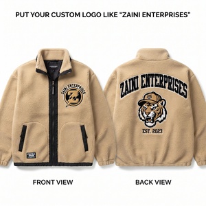 Veste de course en polaire de qualité supérieure, longue et fine, 280 GSM, douce et chaude, col montant, fermeture éclair intégrale, patch personnalisé, beige et noir - Product Image 1