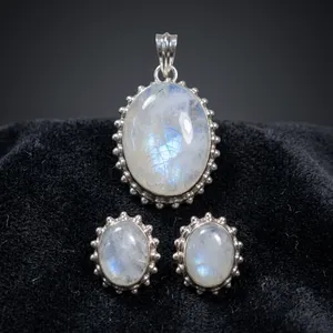 925 Sterling Silver Rainbow Moonstone Jewelry Set Pendant Earrings Oval Gemstone Bezel Setting Women's Classic Everyday Wear - Product Image 4