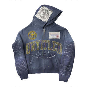 Conjunto Deportivo Extra Grande de Algodón 100% con Lavado Vintage para Hombre, con Logotipo Personalizado Impreso y Pedrería, Conjunto de 2 Piezas: Sudadera con Capucha y Pantalones Deportivos - Product Image 1