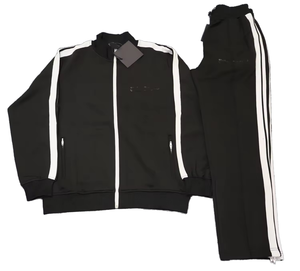 Chándal Unisex Negro de Manga Larga con Diseño a Rayas, Estilo Deportivo, Cierre de Cremallera, Bolsillos Laterales, Corte Regular, Ropa de Otoño - Product Image 1