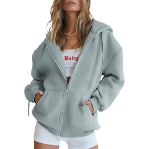 Sudadera con Capucha Extra Grande para Mujer, Color Gris Claro Sólido, Manga Larga, Cierre Frontal con Cremallera, Tejido de Punto, Estilo Casual para Otoño - Product Image 1