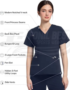 Conjunto de Uniforme Médico Azul Marino para Mujer con Cuello en V y Pantalones con Cordón, Uniformes de Hospital, Tela de Algodón y Poliéster, Diseño Personalizado - Product Image 2