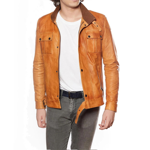 Veste en cuir marron pour homme, coupe ajustée décontractée, fermeture éclair, col rabattu, pour l'automne - Product Image 5
