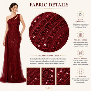 Luxury <b>Red</b> One Shoulder Mermaid Evening Gown | <b>Sequin</b> Embroidery Tulle Dress Elegant Women Party Wear | OEM Private Label India - Product Image 6