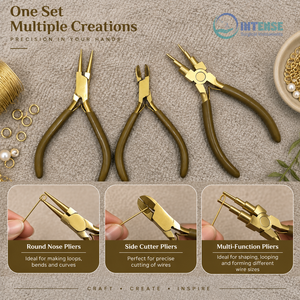 Juego de alicates profesionales para hacer joyas, acabado dorado, mango marrón oliva, punta redonda, cortador lateral, herramientas multifunción para dar forma a alambres - Product Image 3
