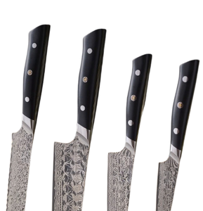 Ensemble de couteaux de cuisine à manche noir avec lames à motifs argentés, support de présentation marron clair, ciseaux et aiguiseur pour la préparation des aliments - Product Image 4