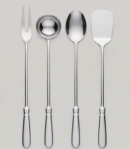 Juego de utensilios de acero inoxidable de diseño minimalista con mango largo, cucharas, tenedor, cucharón y espátula con acabado pulido espejo para uso doméstico. - Product Image 1