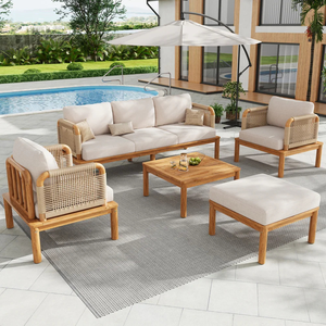 Luxury Outdoor Teak Wood Rope <b>Sofa</b> <b>Set</b> with Coffee Table for Villa Resort Patio Garden - Product Image 1