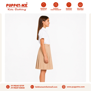Jupe d'uniforme scolaire plissée marron sable de qualité supérieure Puppetnx pour filles, en coton court avec détection par aiguille - Product Image 4