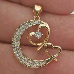Colgante de Diamante de Corazón de Media Luna con Corte Redondo Simulado de 2CT, Chapado en Oro Amarillo de 14K sobre Plata, de Lujo - Product Image 1
