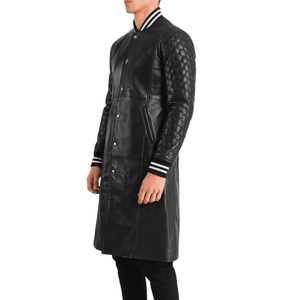 Men's Black PU <b>Leather</b> <b>Long</b> <b>Jacket</b> Sporty Quilted Sleeves Stand Collar Winter Coat - Product Image 2