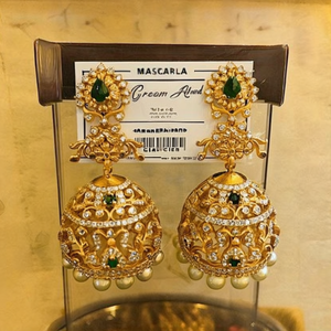 Green Amethyst Imitation Pearl Silver & Gold Plated Oxidized Polish Women's Jhumka Hoop Earrings for Bridal Party Engagement - Product Image 2