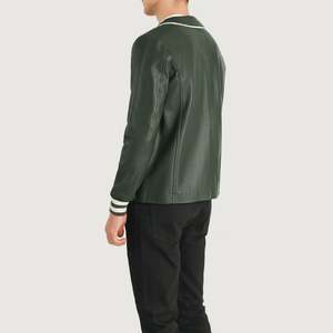 Blouson bomber en cuir PU vert pour homme, col rond, fermeture à boutons, vêtement décontracté d'automne, coupe classique, couleur unie - Product Image 2
