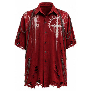 Woven Cotton Style Gothic Oversized Short Sleeve Shirt Black <b>Cross</b> Print <b>Chains</b> Decorated Ripped Design - Product Image 5