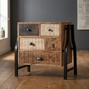Mesa Auxiliar Industrial de Cinco Cajones con Mosaico, Gabinete de Almacenamiento de Madera, Patas de Metal Negro, Mueble de Estilo Rústico - Product Image 1