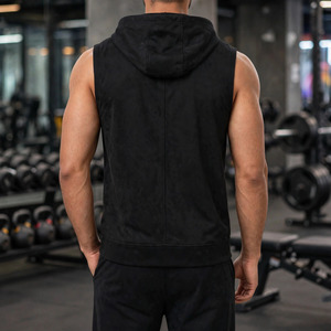 Men's Sleeveless <b>Hooded</b> Sweatshirt <b>Zip</b> up 100% Cotton Eco-Friendly Tank Regular Fit Gym Training Casual Wear 220g Patchwork - Product Image 3