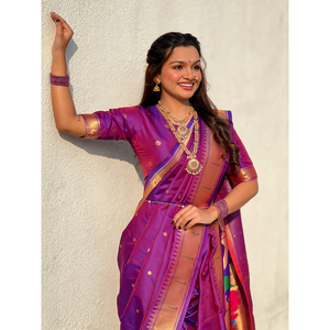 Sari Paithani Nauvari Especial de Seda Suave con Motivos de Polka Tejidos con Hilo Zari Morado para Bodas, Pallu de Pavo Real, Ropa India y Pakistaní - Product Image 6
