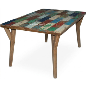 Mesa de Comedor Rectangular DIVADI Ecológica Multifuncional de Madera de Barco Reciclada con Diseño Patchwork, 120x80 cm, Hecha a Mano - Product Image 3