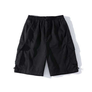 Men <b>Cargo</b> Shorts Solid Black Elastic Waist Breathable Casual Bermuda Shorts with Pockets Woven Polyester Canvas Style - Product Image 1