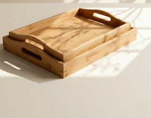 <b>Bamboo</b> Rectangle Decorative Tray With Handle Minimalist Design Plant Theme Serving Tray Rectangle Acacia Wooden Food Drink Tray - Product Image 4